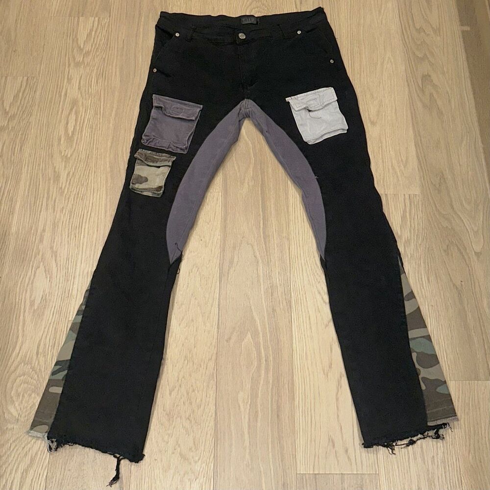THRT Denim Black Patchwork Distressed Jeans 34x31 (Tagged 38) Camo Pockets